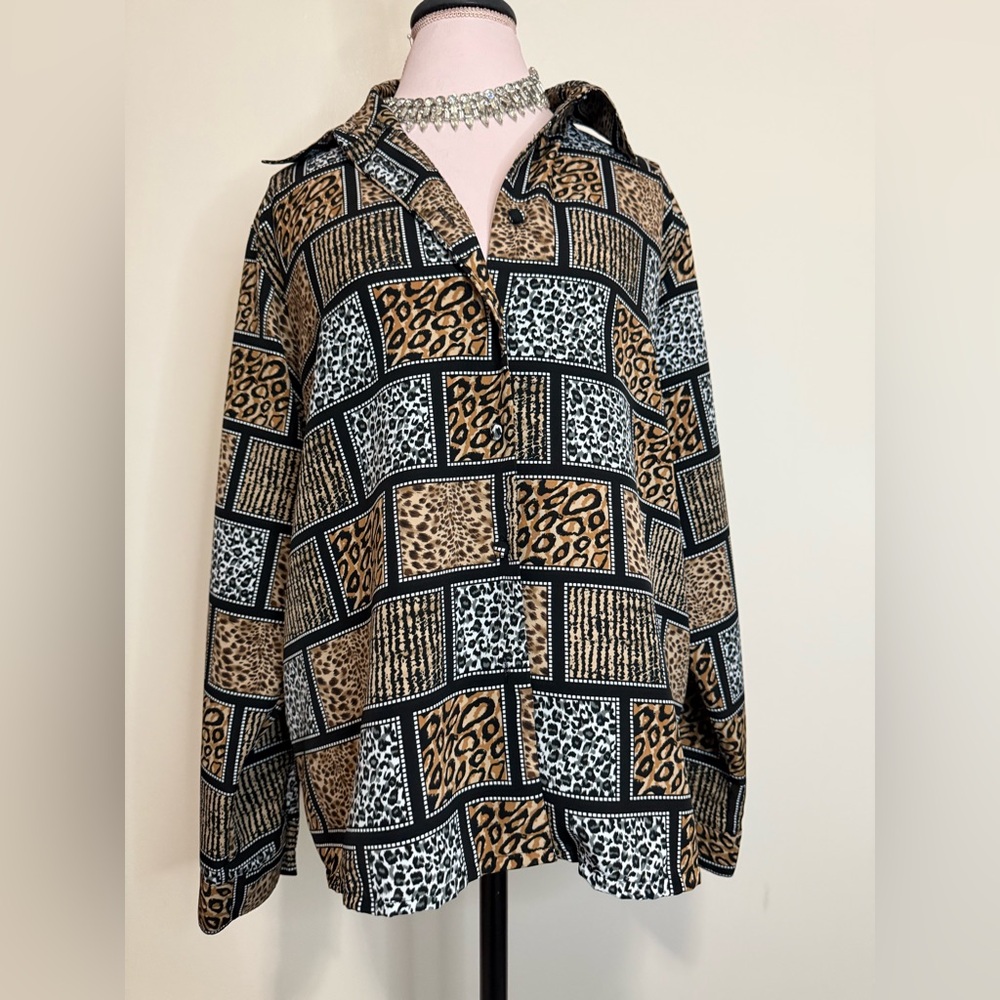 Yves St. Clair Vintage Leopard Patchwork Button-Up Shirt in size 16